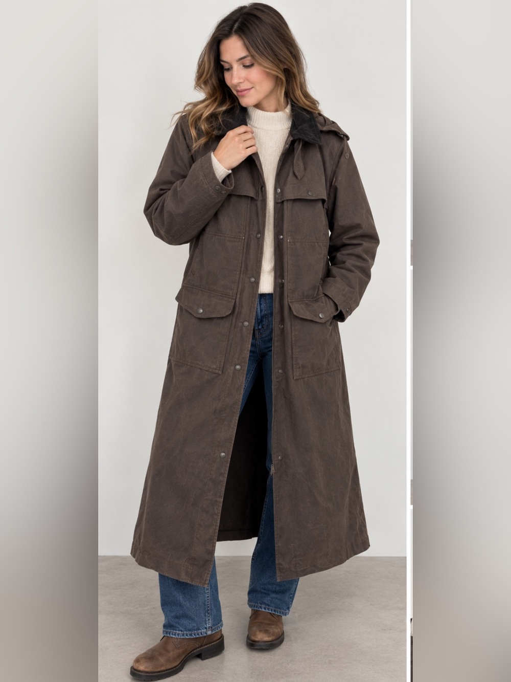 Filson Brown Waxed Cotton Duster w/ Hood Made in USA women's Size S RARE!